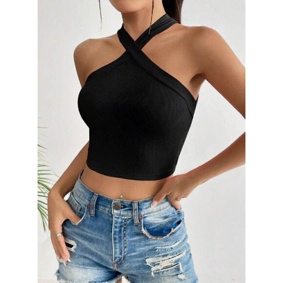 Shein Black Ribbed Twisted Halter Crop Tank Top S - Picture 1 of 4